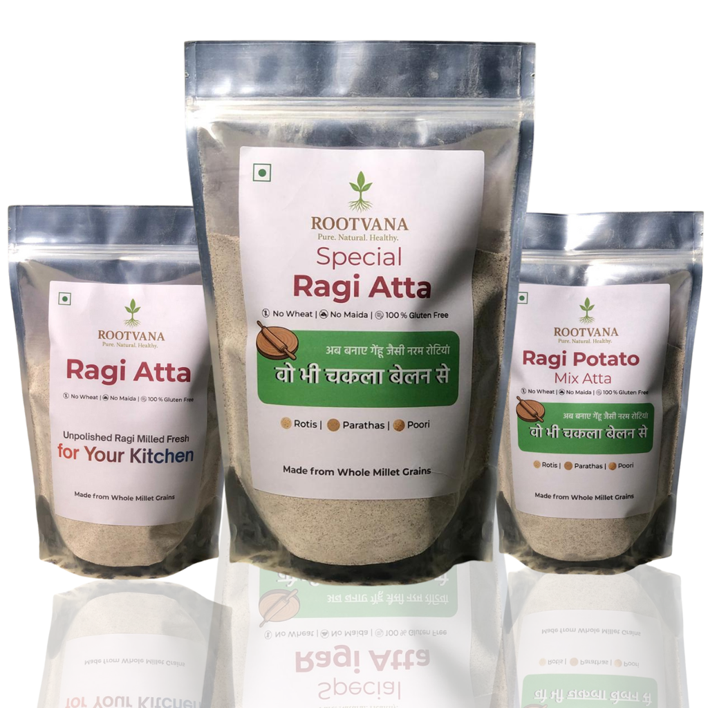 Rootvana Ragi Millet Flour Combo Pack of 3 – Regular Ragi Atta, Special Ragi Atta  & Potato Mix
