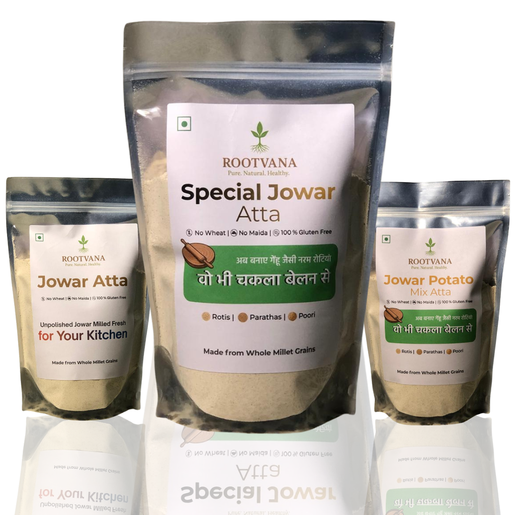 Rootvana Jowar Millet Flour Combo Pack of 3 – Regular Jowar Atta, Special Jowar Atta  & Potato Mix