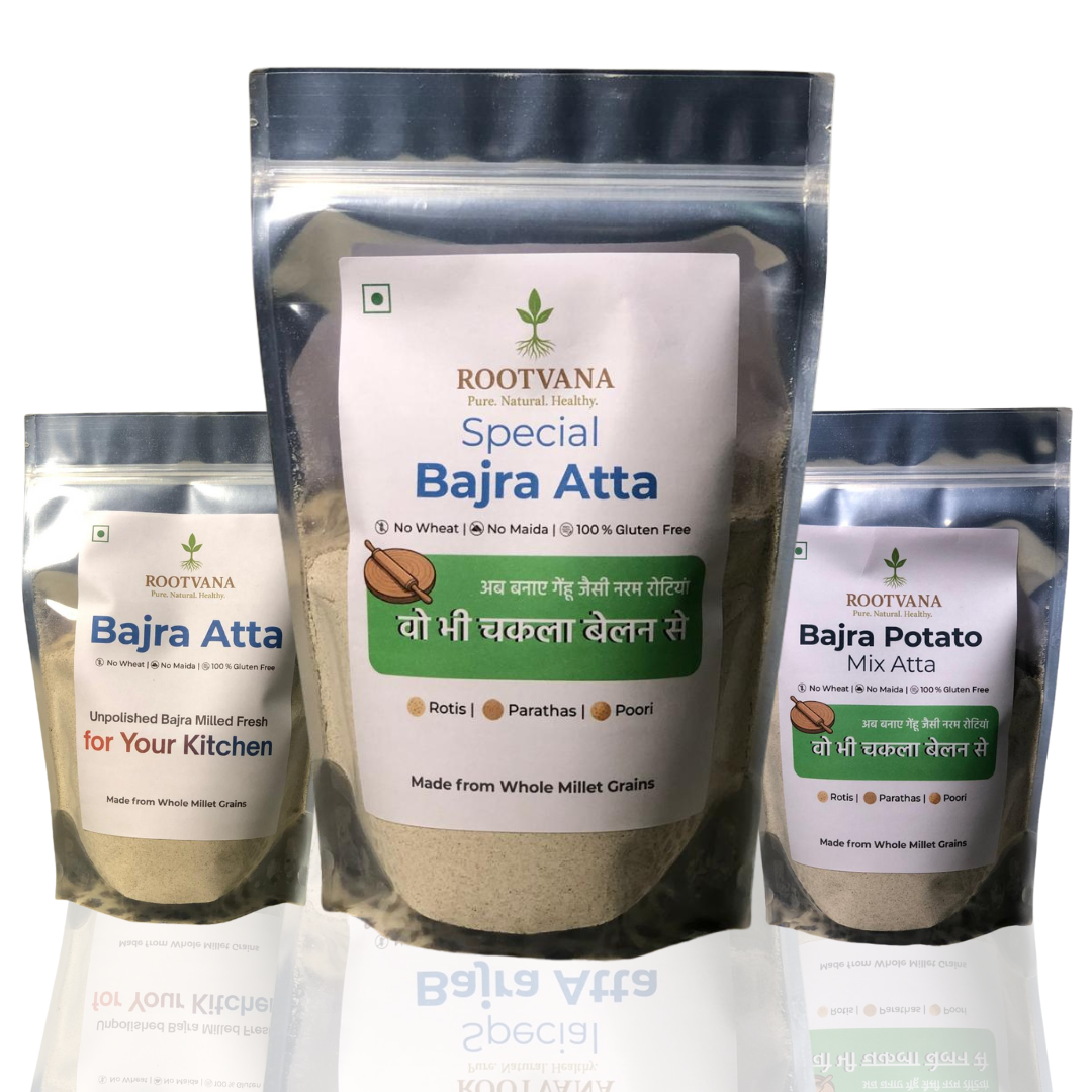 Rootvana Bajra Millet Flour Combo Pack of 3 – Regular Bajra Atta, Special Bajra Atta & Potato Mix