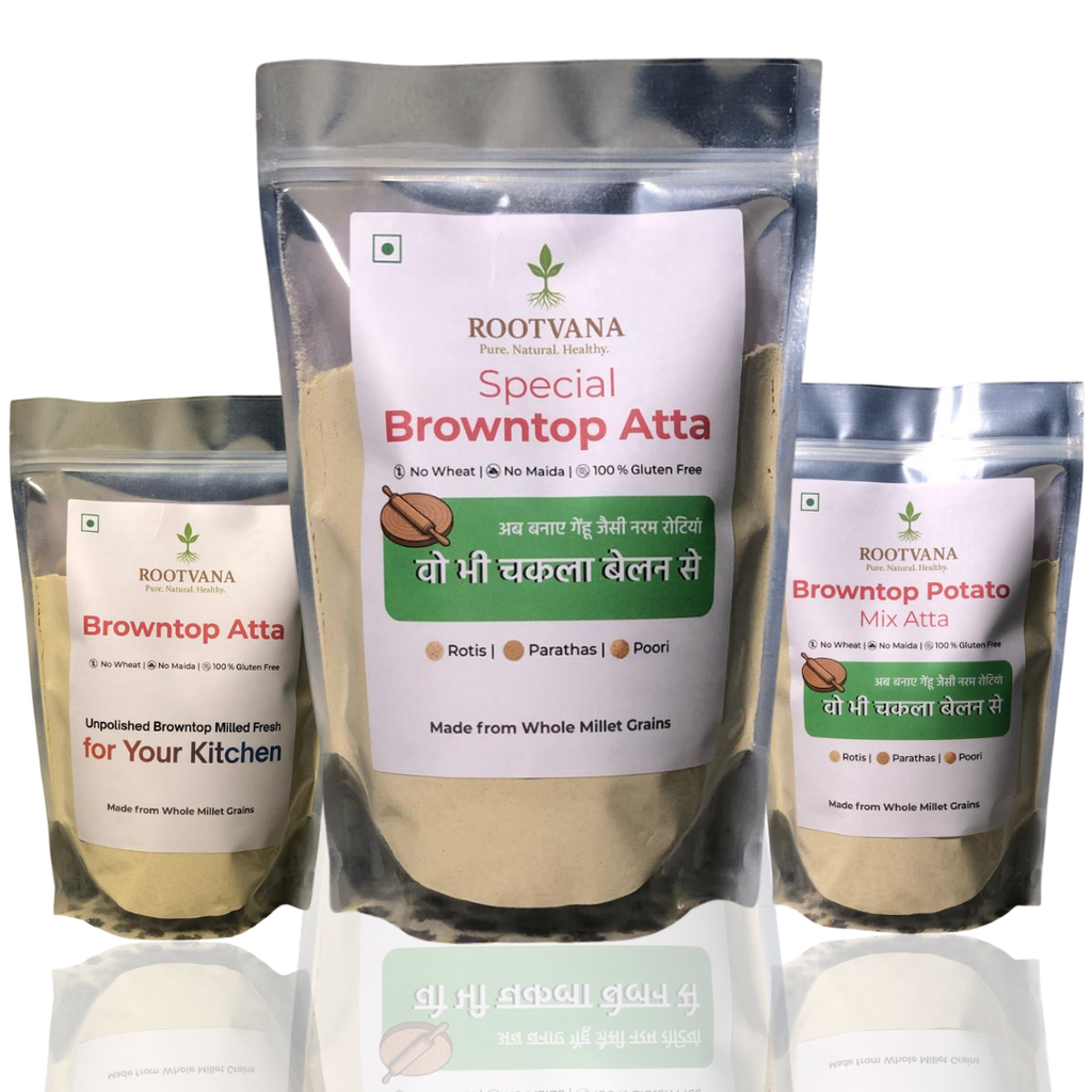 Rootvana Browntop Millet Flour Combo Pack of 3 – Regular Browntop Atta, Special Browntop Atta & Potato Mix