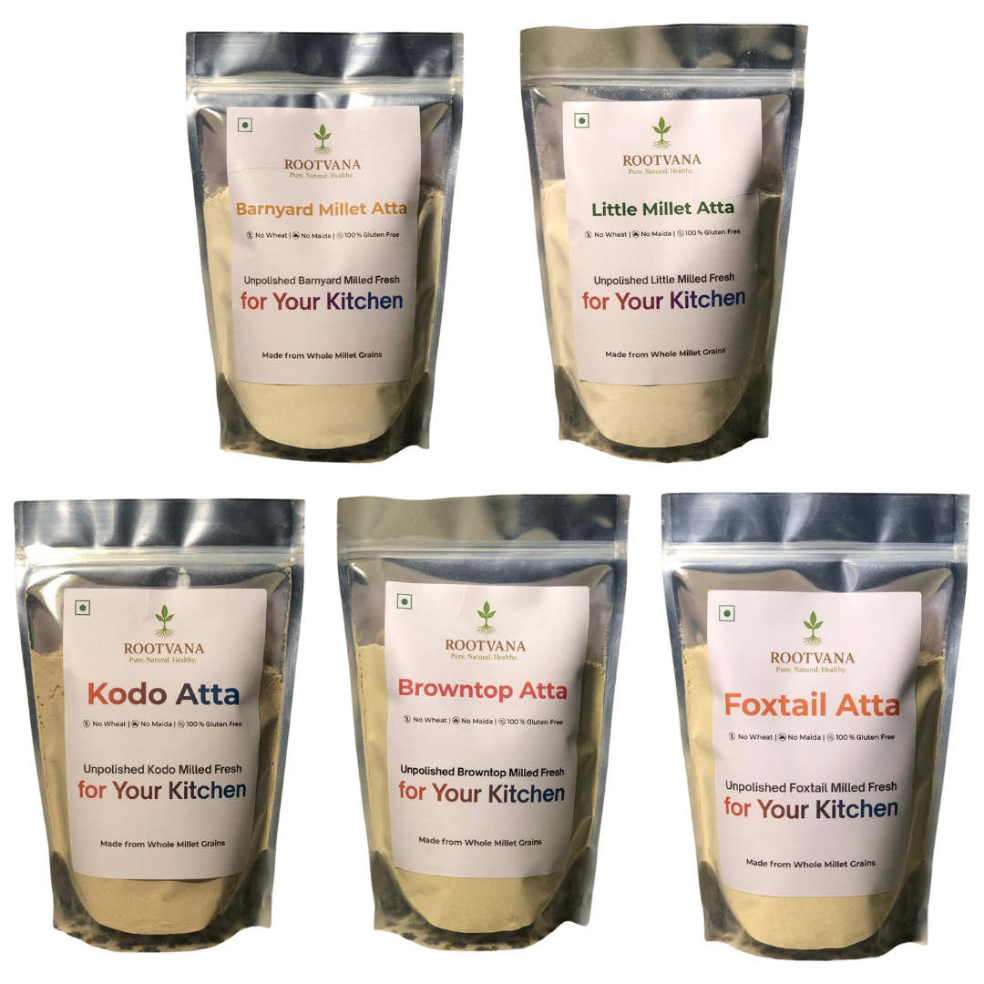 Rootvana Millet Flour Combo Pack of 5 –  Regular (Foxtail, Kodo, Little, Barnyard & Browntop Millet Atta)