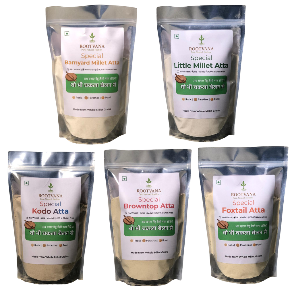 Rootvana Millet Flour Combo Pack of 5 –  Special (Foxtail, Kodo, Little, Barnyard & Browntop Millet Atta)
