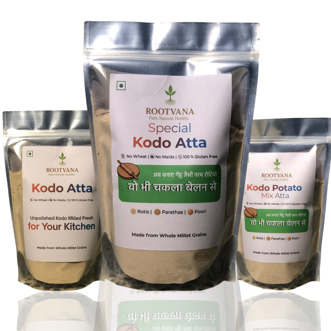 Rootvana Kodo Millet Flour Combo Pack of 3 – Regular Kodo Atta, Special Kodo Atta & Potato Mix